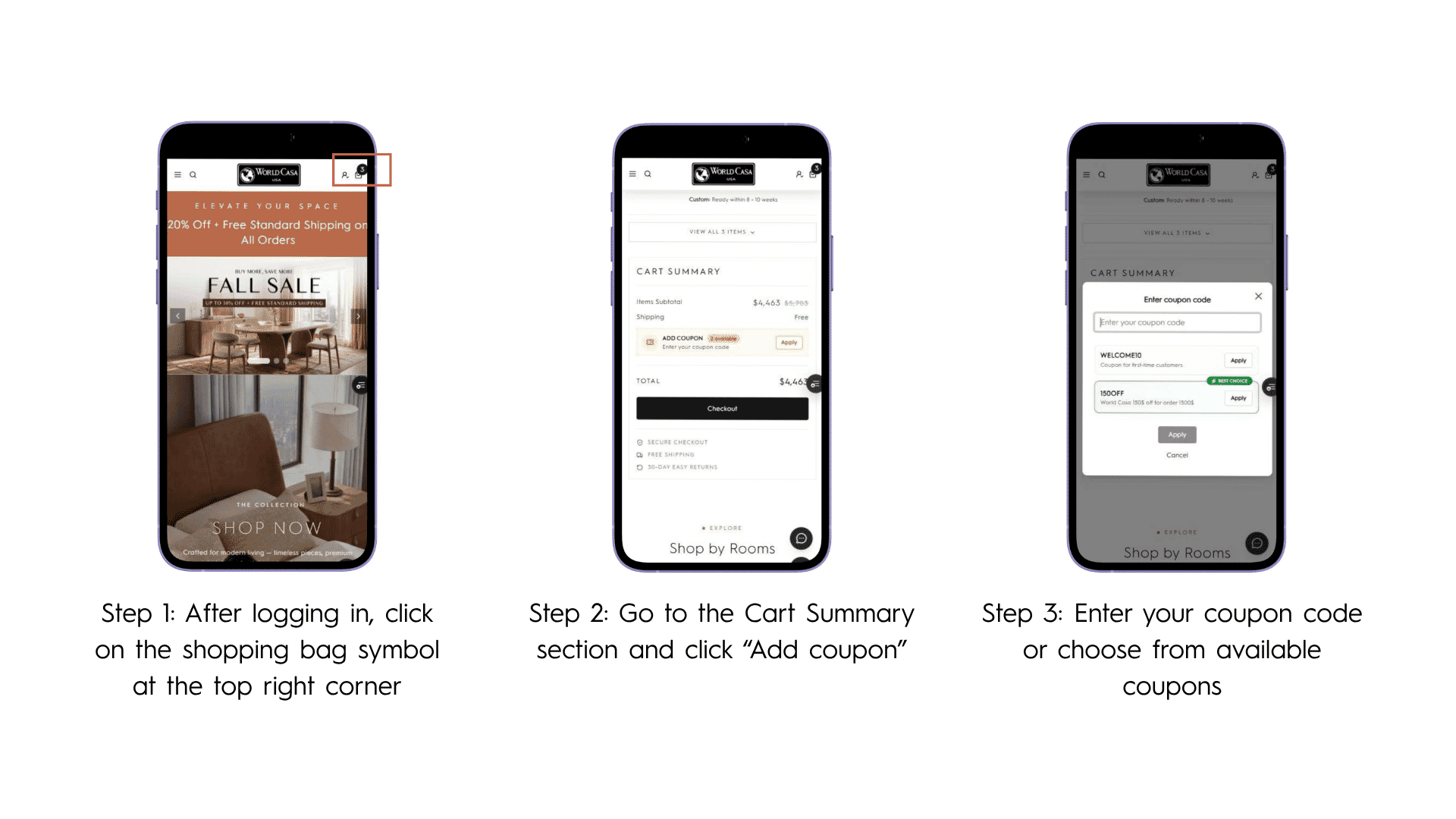 Step-by-step guide showing how to apply a World Casa coupon code at checkout
